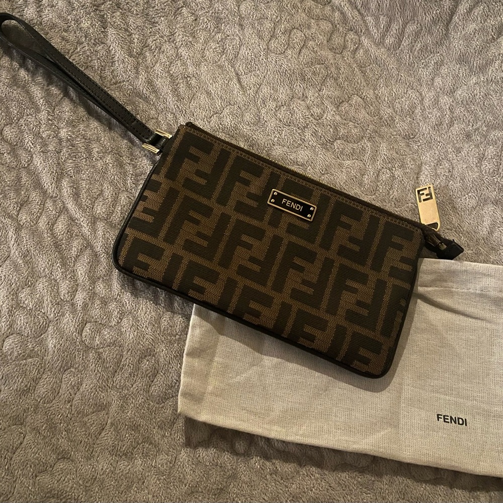 Fendi Gold and Brown Zippered Pouch